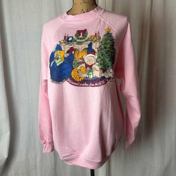 Vintage Tops - Vintage Air Waves Pink Sweatshirt Christmas Tree Bear Graphic Unisex XL